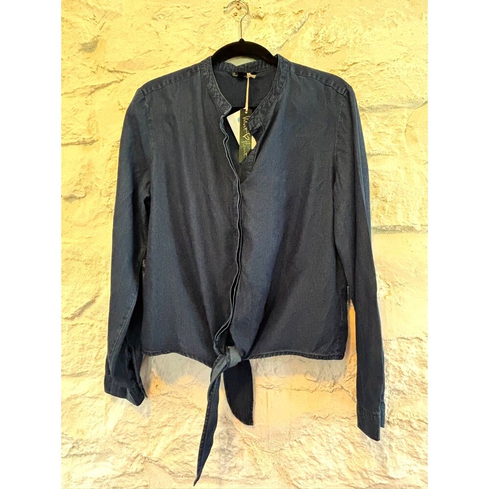 Tie Front Chambray Blouse Tencel Soft Denim Top Blue NWT Lg Casual Comfort
